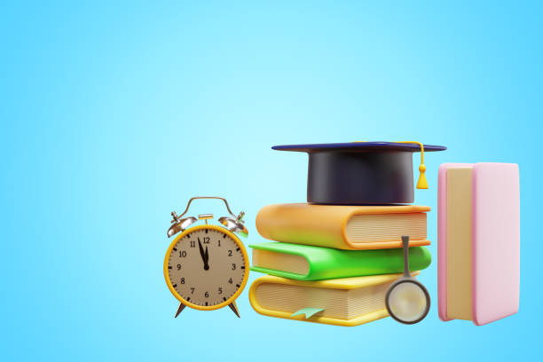 istock Alarm clock stack of books and academic cap isolated on blue background. 3d rendering 1500068186