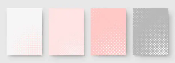 Vector illustration of A set of paper layouts in pastel colors with a halftone pattern on a gray background.