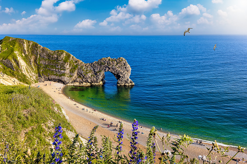 Panoramic view of the beautiful Durdle Door beach at Dorset, England, during spring time