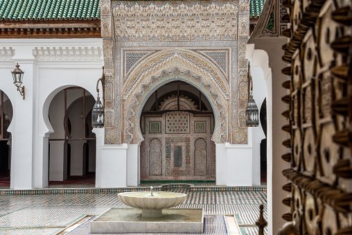 View into the courtyars of famoud Al-Qarawiyin mosque in Fes, Morocco