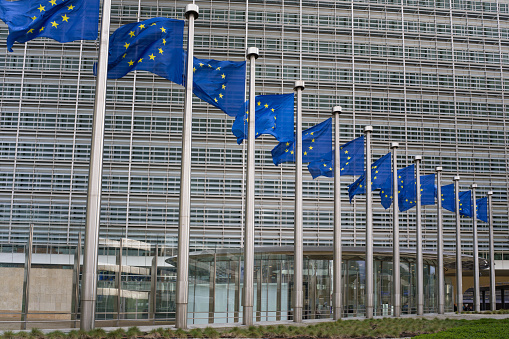 European flags in front of the Berlaymont building, headquarters of the European commission in Brussels.