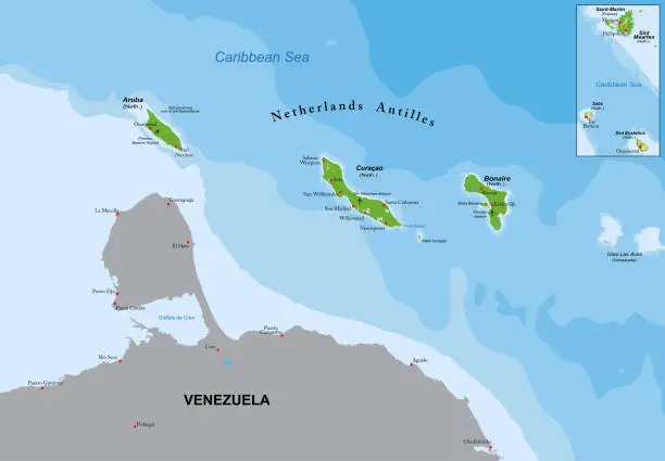 Vector illustration of Aruba and Netherlands Antilles physical map