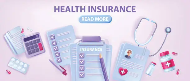 Vector illustration of 3D health insurance banner, vector family hospital healthcare safety polis concept, clipboard, bills.