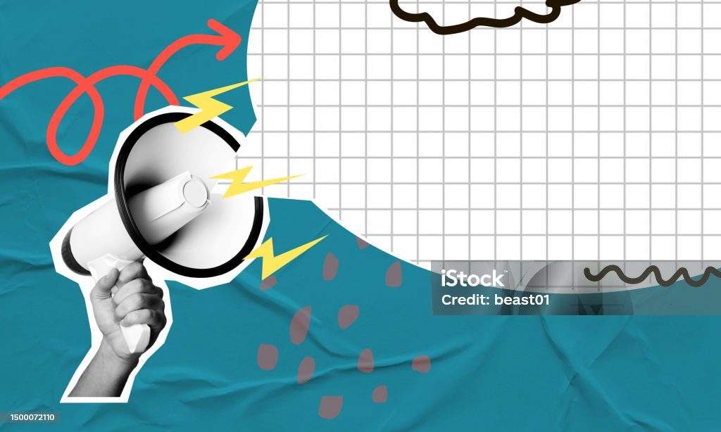 현대 미술 콜라주. 확성기를 들고 가짜 뉴스를 퍼뜨리는 인간의 손. - 로열티 프리 매스컴 스톡 사진