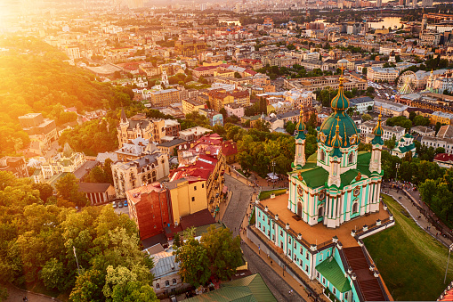 Aerial view of St Andrew's Church in Kyiv, Ukraine at sunset