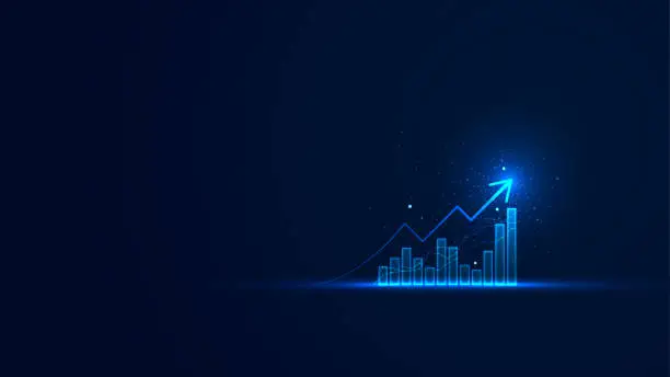 Vector illustration of Business growth wallpaper with the glowing bar chart static and up arrow. Stock market growth in futuristic technology style. Graphic of successful financial development on the dark background