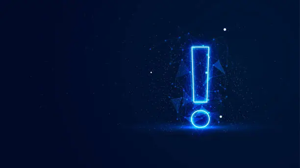 Vector illustration of Futuristic glowing exclamation mark with plexus lines and glitter particles. An exclamation mark in the neon light style. 3D abstract copy space in the night concept. Digital technology background