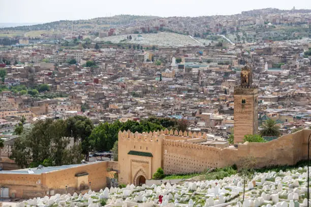 Scenic panoramic view of the medina of Fes, seen from the Marinid tombs, Morocco