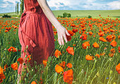 Beautiful girl is standing on summer field full of red poppy flowers in the grass. Happy woman in rustic dress strokes grass with hand. Unity of human with nature. Beauty travel concept.