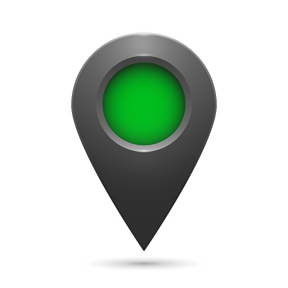 Realistic geolocation map pin code icon. The geolocation icon is gray with highlights and a green insert on a white background. Vector illustration.