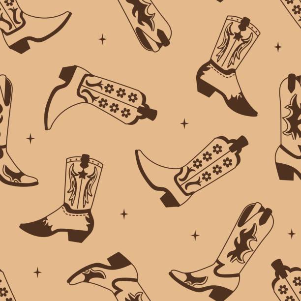 ilustrações de stock, clip art, desenhos animados e ícones de retro seamless pattern with cowgirl boots. various boots with ornament. - textured sport leather backgrounds