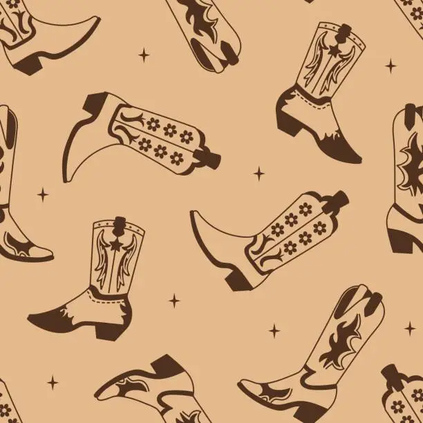 Vector illustration of Retro seamless pattern with Cowgirl boots. Various boots with ornament.