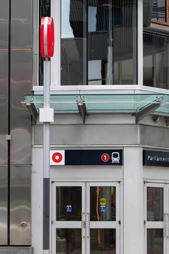 Ottawa, Canada - May 19, 2023: Entrance to Parliament O-Train station. OC Transpo Light Rail Transit