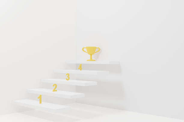 istock 3d render illustration step stair with gold trophy to success on white background. 1st prize ceremony. reward winner champion. Successful on podium Opportunities and business step by step success concept 1500078662