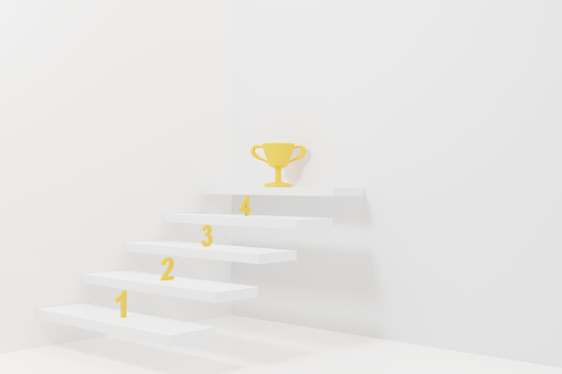 3d render illustration step stair with gold trophy to success on white background. 1st prize ceremony. reward winner champion. Successful on podium Opportunities and business step by step success concept