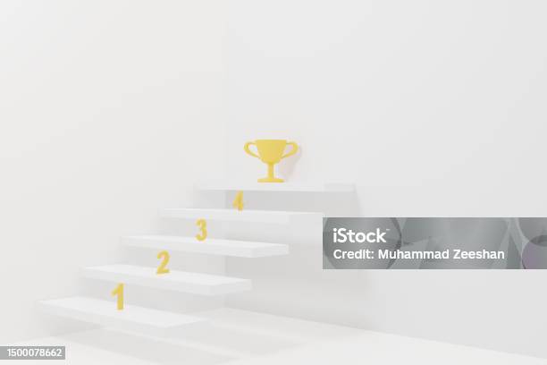 Successfully. Step Background 3d Render Illustration Step Stair With Gold Trophy To Success On White ...