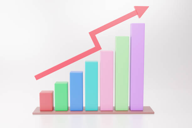 3d rendered business graph in multiple colors with arrow shown growth. Bar graph in an isolated room