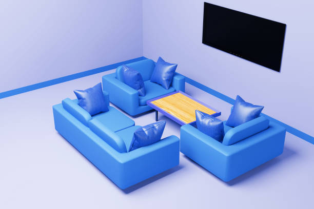istock 3D Rendered Room with Sofas, and LED screen on the wall. A hallway room concept design 1500078689