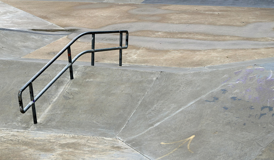 Chelmsford, Essex, United Kingdom, June 20, 2023. Empty, urban skateboard park in City centre Central Park on summer day outdoors. Close up design elements. Abstract details