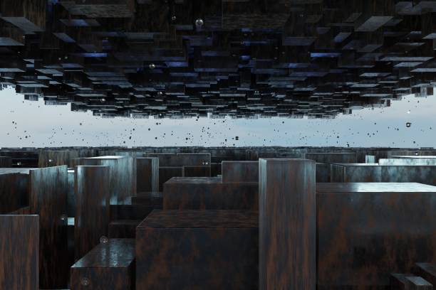 istock 3d Render, Scifi Landscape Futuristic post apocalyptic scenario with abstract alien landscape. Glass object. 1500080554