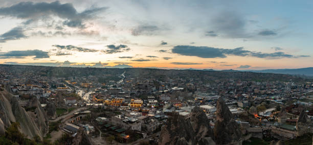 A picture of the town of Goreme, in Cappadocia, at sunset.