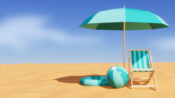 istock Umbrella, chair, ball and float ready on the beach, vacation theme, 3d rendering 1500085302