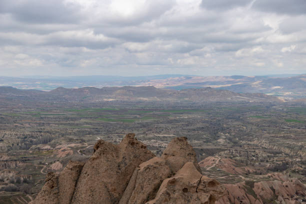 A picture of the Goreme Historical National Park landscape on a cloudy day.