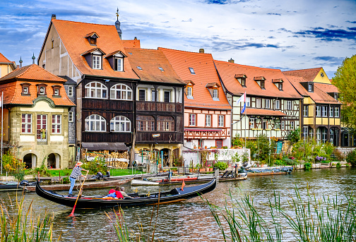 Bamberg, Germany - October 23: historic buildings and a gondola at the famous old town of Bamberg on October 23, 2022