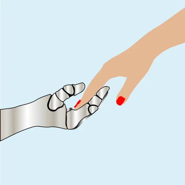 Vector illustration of robot and human hand touching