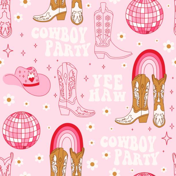 illustrations, cliparts, dessins animés et icônes de motif rétro sans couture avec différentes bottes cowgirl, arc-en-ciel, phrase de lettrage, boule disco et fleurs. - cowgirl