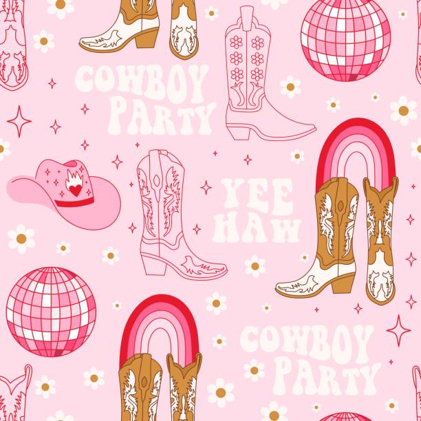 ilustrações de stock, clip art, desenhos animados e ícones de retro seamless pattern with different cowgirl boots, rainbow, lettering phrase, disco ball and flowers. - cowgirl