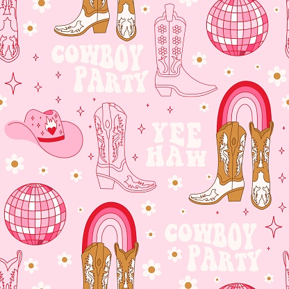 Retro seamless pattern with different Cowgirl boots, rainbow, lettering phrase, disco ball and flowers. Wild West fashion style vector for invitation, wrapping paper, packaging etc.