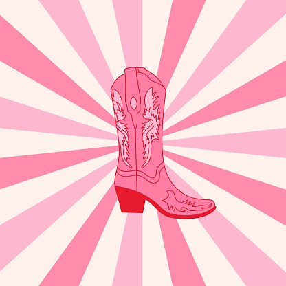 Retro Pink Cowgirl boot on aesthetic spiral ray burst background. Cowboy western and wild west theme. Hand drawn vector design for postcard, t shirt print, poster etc.