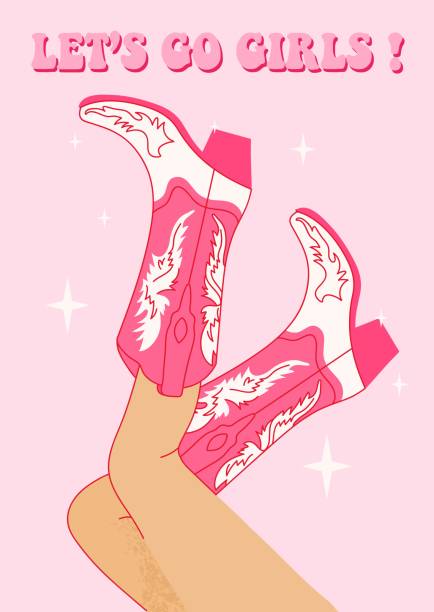 Female legs in cowboy boots and phrase Let's Go Girls. Cowboy girl wears boots. Female legs in cowboy boots and phrase Let's Go Girls. Cowboy girl wears boots. Wild west theme. Vector Western cowboy party poster, banner or invitation. vintage cowgirl stock illustrations