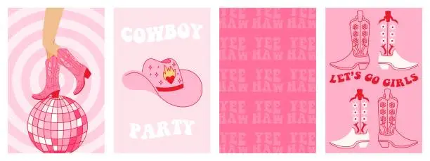 Vector illustration of Collection of retro Cowboy fashion print with Cowgirl boots. Wall art vintage preppy set.