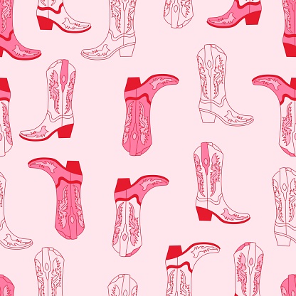 Retro seamless pattern with different Cowgirl boots. Pink color boots. Wild West fashion style vector for invitation, wrapping paper, packaging etc.