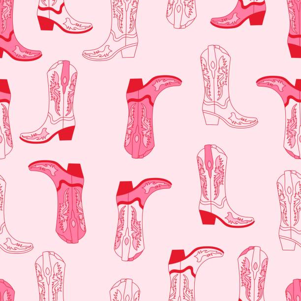 Retro seamless pattern with different Cowgirl boots. Pink color boots. Retro seamless pattern with different Cowgirl boots. Pink color boots. Wild West fashion style vector for invitation, wrapping paper, packaging etc. cowboy boot stock illustrations
