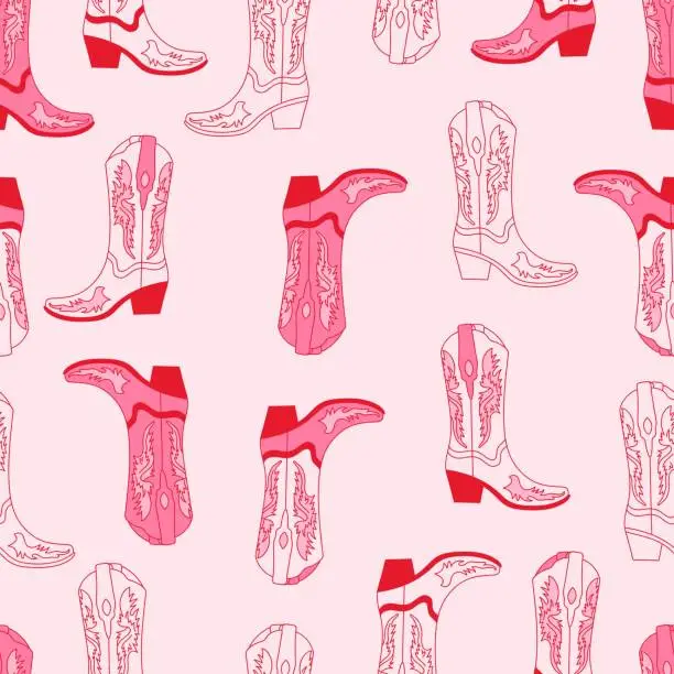 Vector illustration of Retro seamless pattern with different Cowgirl boots. Pink color boots.