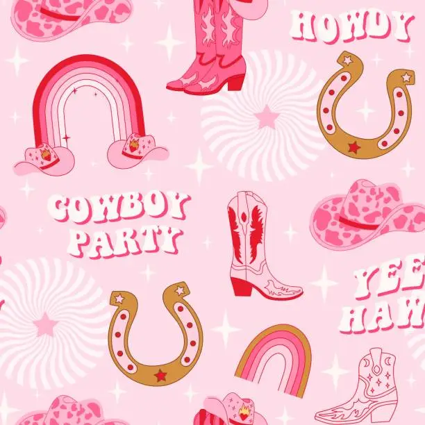 Vector illustration of Retro seamless pattern with different Cowgirl boots, horseshoe, rainbow, hat, lettering phrase and stars.
