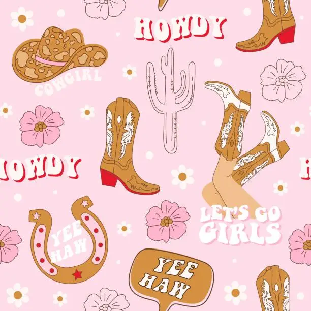 Vector illustration of Retro seamless pattern with different Cowgirl boots, horseshoe, hat, cactus, lettering phrase and flowers.