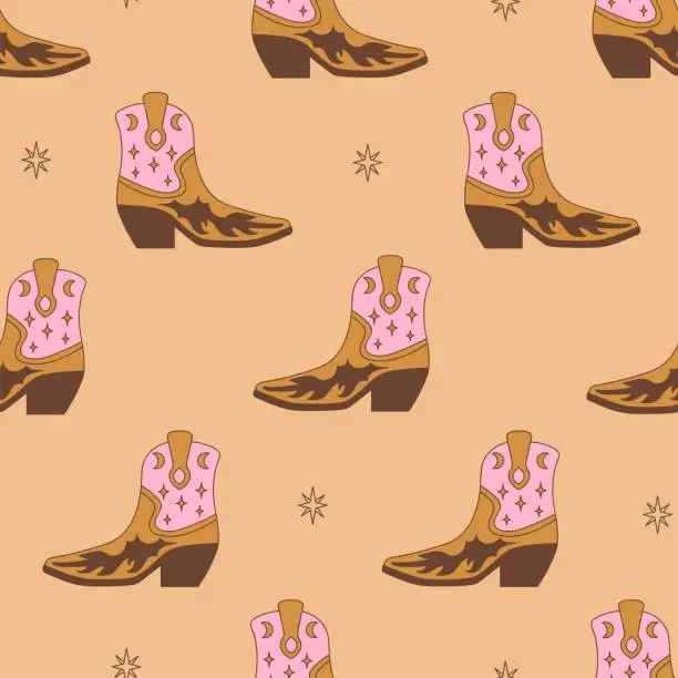 Vector illustration of Retro seamless pattern with Cowgirl boots. Boots with ornament.