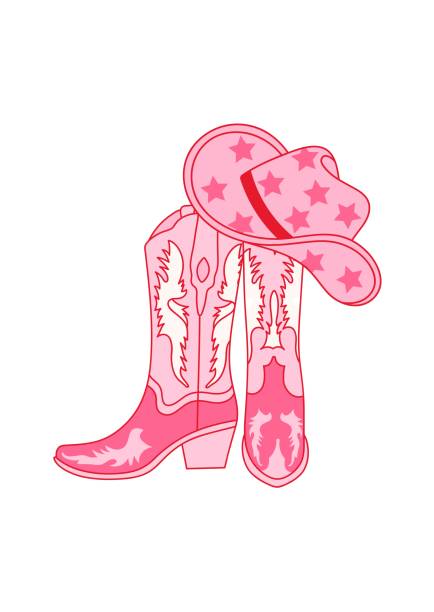 Retro Cowgirl boots with hat. Cowboy western and wild west theme. Retro Cowgirl boots with hat. Cowboy western and wild west theme. Vector isolated design for postcard, t-shirt, sticker etc. theme wild wild west stock illustrations