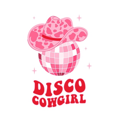 Retro Pink Cowgirl hat with disco ball. Disco Cowgirl quotes. Cowboy western and wild west theme. Vector isolated design for postcard, t-shirt, sticker etc.