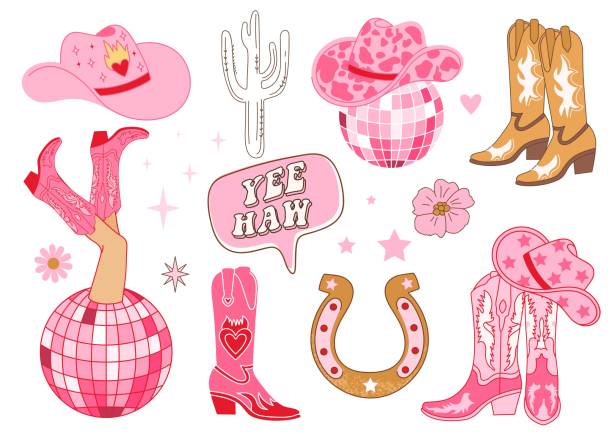 kuvapankkikuvitukset aiheesta kokoelma retro cowboy -muotielementtejä. cowgirl-saappaat, diskopallo, hattu, hevosenkenkä, kaktus ja kirjaimet. - lehmityttö