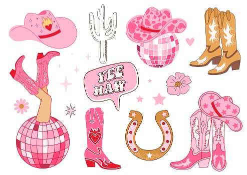 Collection of retro Cowboy fashion elements. Cowgirl boots, disco ball, hat, horseshoe, cactus and lettering. Cowboy western and wild west theme. Hand drawn vector.