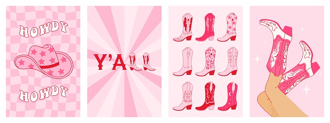 Collection of retro Cowboy fashion print with Cowgirl boots. Wall art vintage preppy set. Cowboy western and wild west theme. Hand drawn vector poster.