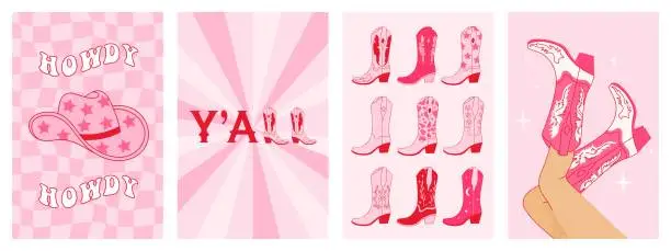 Vector illustration of Collection of retro Cowboy fashion print with Cowgirl boots. Wall art vintage preppy set.