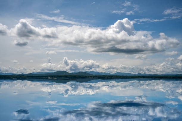 Blue sky and white cloud reflected in the water