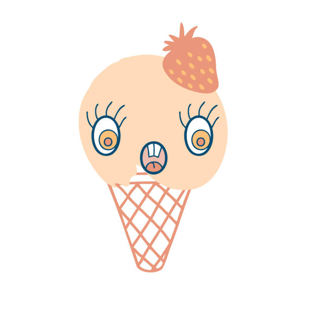 ilustrações, clipart, desenhos animados e ícones de cara divertida de cone de sorvete de morango com olhos arregalados. impressão perfeita para camiseta, adesivo, pôster. ilustração vetorial estilo retro para decoração e design. - wiggly tooth