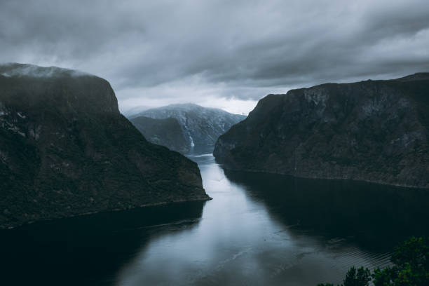 Moody landscape of a fjord,  Aurland, Norway Moody landscape of a fjord, Aurland, Norway stegastein viewpoint stock pictures, royalty-free photos & images